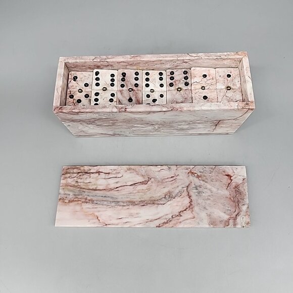 vintage Carved Pink Marble Stone Domino Set 28 Pcs w/ Box - Picture 1 of 4